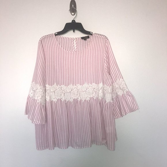 White & Pink Stripe Lace Baby Doll Top